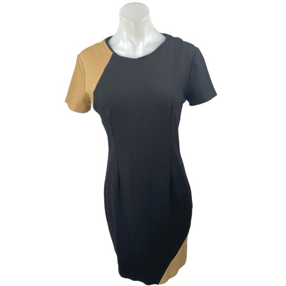 Numari Black Beige Tan Short Sleeve Colorblock Slit Pleated Mini Sheath Dress M - Picture 1 of 4